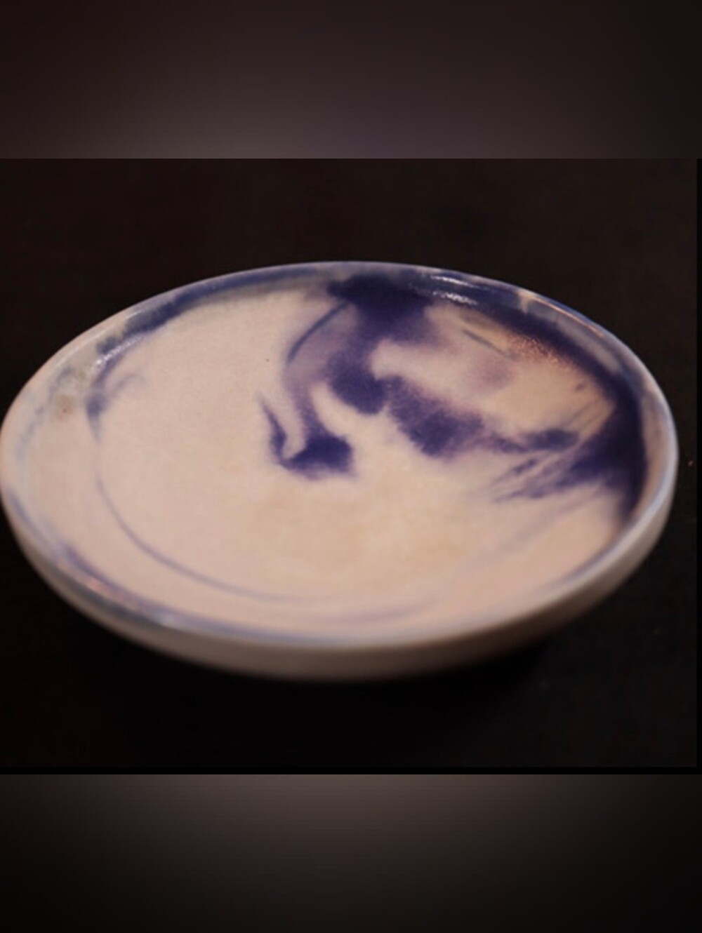 Vintage Round Ceramic Dish with Blue Swirl Decorative Pottery 4”